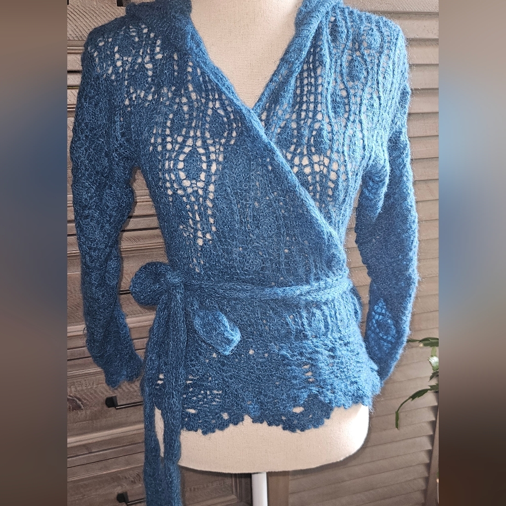 Boutique Elegant Blue Loose Knit Wrap Sweater With Hood
